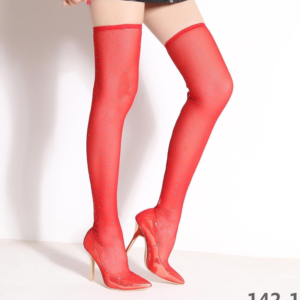 Red rhinestoned over the knee pump